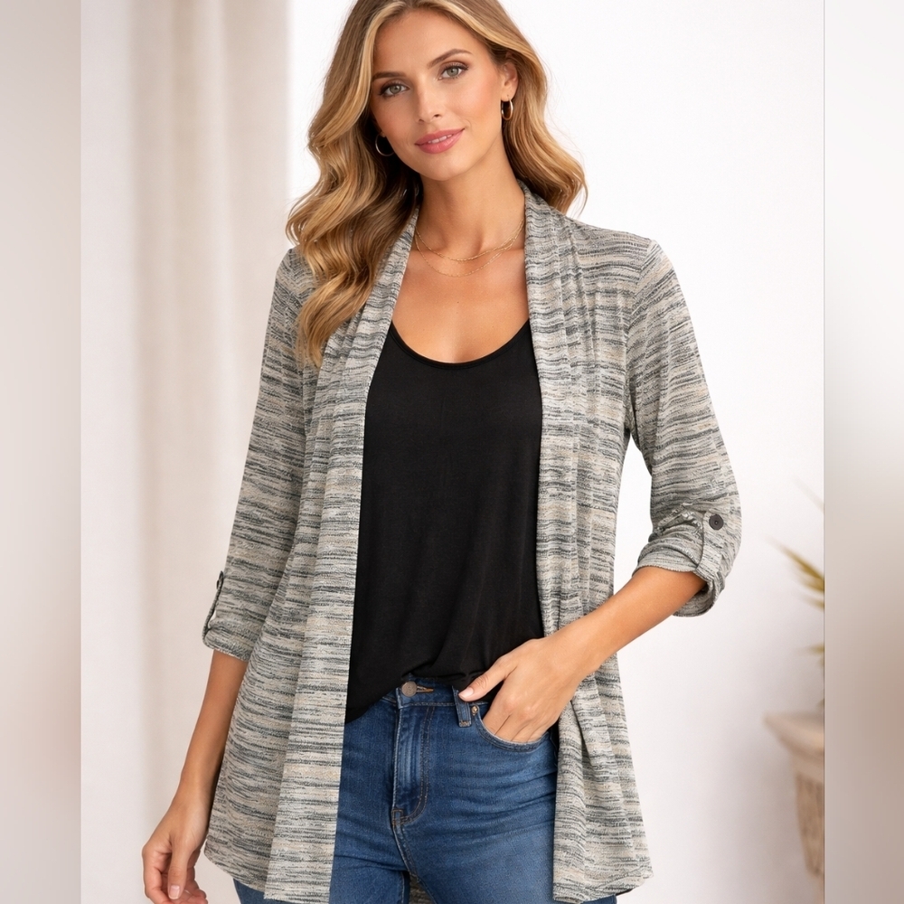 B Wear Ever California Women’s Cardigan Tank Top Set Gray Green Stripe Size L